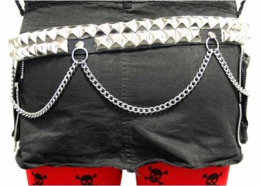 Pyramid studded leather belt 2 row with chain
