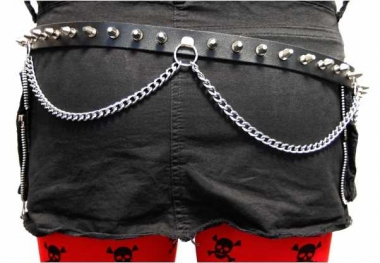 Spike Studded Leather Belt 1 row with chain