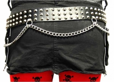 Conical Studded Leather Belt 3 row with chain