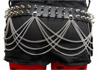 Spike Studded Leather Belt 2 row with chains