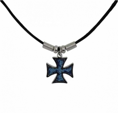 small blue Iron Cross Pendant with Cotton Cord