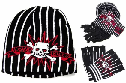 Schal mit Beanie und Hanschuhe im Set - Piraten Totenkopf Schwarz Rot Weiß