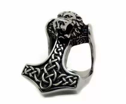 Edelstahlring- Thorhammer Mit Löwenkopf