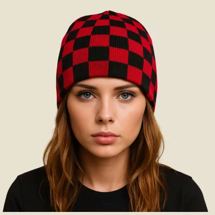 Black & Red Chess Patterned Beanie