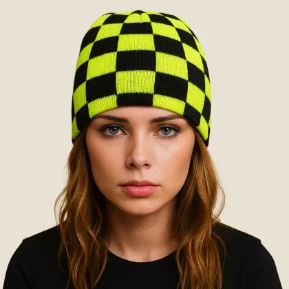 Black & Neon Yellow Chess Pattern Beanie