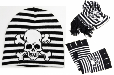 Piraten Totenkopf Beanie - Handschuhe und Schal im Set