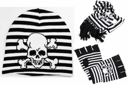 Schal - Mützen & Handschuhe im Set - Totenkopf mit schwarz weißen Streifen
