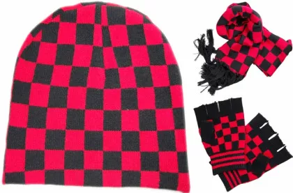 Winter Set mit Schal - Beanie und Handschuhe - rot schwarz Karomuster