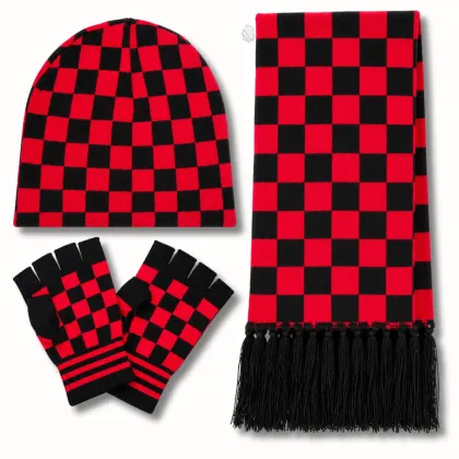 3-Piece Gothic & Punk Winter Set – Red & Black Checkerboard