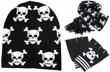 Winter Beanie Gloves and Scarf Set - Skulls