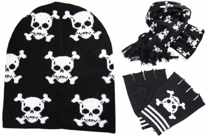 Rockabilly Winter Set | bestehend aus Beanie - Handschuhe und Schal - weiße Totenköpfe auf schwarzem Untergrund