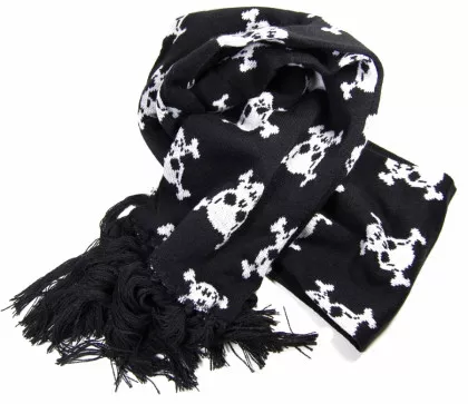 Rockabilly Winter Set | bestehend aus Beanie - Handschuhe und Schal - weiße Totenköpfe auf schwarzem Untergrund