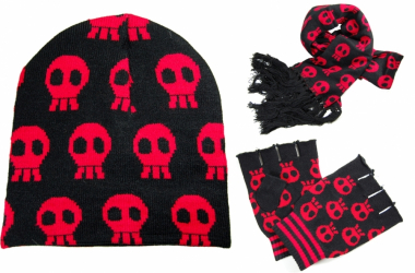 Scarf - Beanie - Gloves Set - black with red Skull