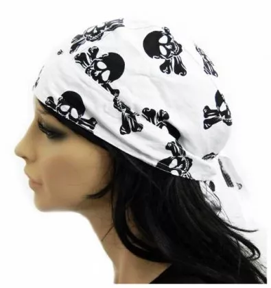 Bandana Cap White with Black Skulls