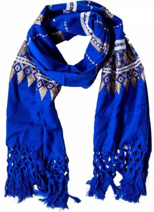 Blauer Fransenschal mit Goldstickerei