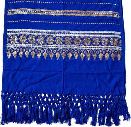 Blauer Fransenschal mit Goldstickerei
