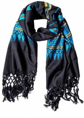 Embroided fringed scarf black