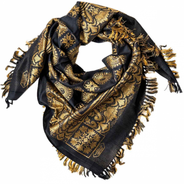 Fringed Scarf with oriental pattern - black golden