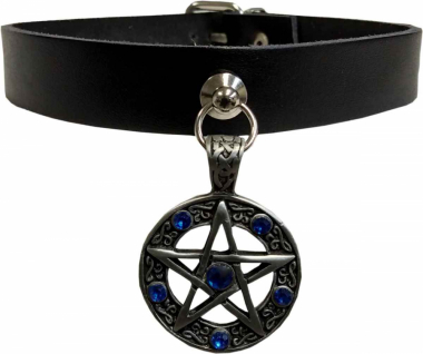 Pentagram Leather Collar - blue stones