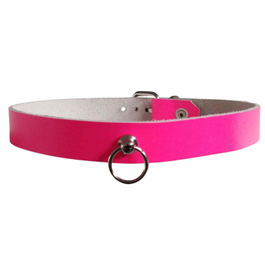 Leather Collar Choker O Ring Neon Pink