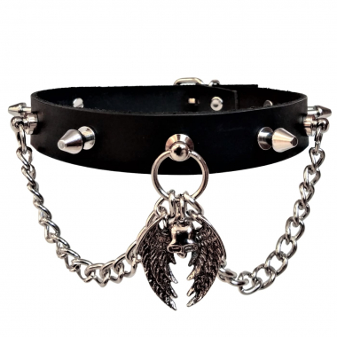 Leather Collar Choker Killer Studs & Skull with wings