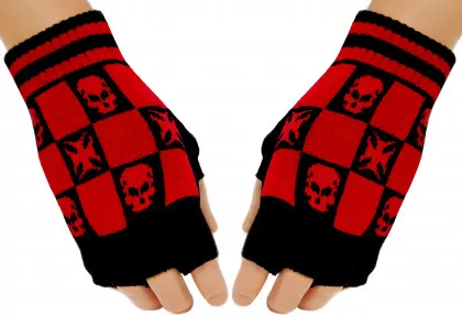 Fingerlose Handschuhe Iron Cross Skulls Schwarz-Rot
