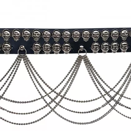 2 Row Skull Studded Leather Belt with Chainfringe