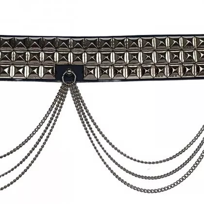 3 Row Pyramid Stud Leather Belt with Chainfringe