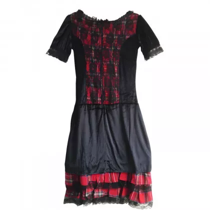 Damen Grunge Gothic Kleid Tartanlook mit Spitzenbesatz