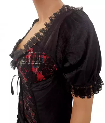 Damen Grunge Gothic Kleid Tartanlook mit Spitzenbesatz