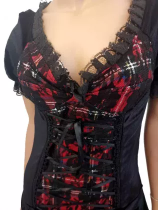 Damen Grunge Gothic Kleid Tartanlook mit Spitzenbesatz