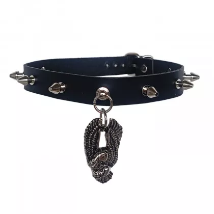 Leder Halsband Choker Schwarz mit Killernieten und Adler Anhänger