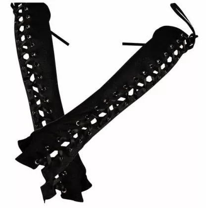 Schwarze Armstulpen mit schwarzer Satinband-Schnürung