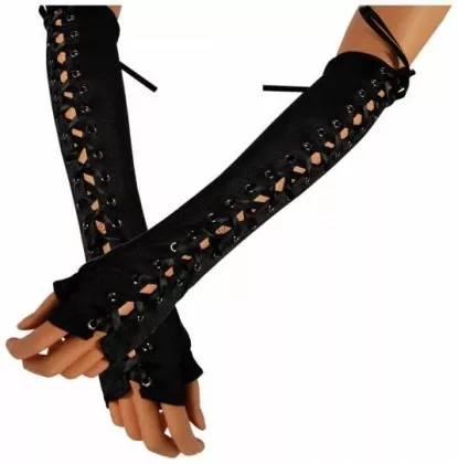 Schwarze Armstulpen mit schwarzer Satinband-Schnürung