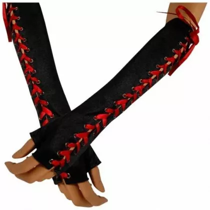 Schwarze Armstulpen mit roter Satinband-Schnürung