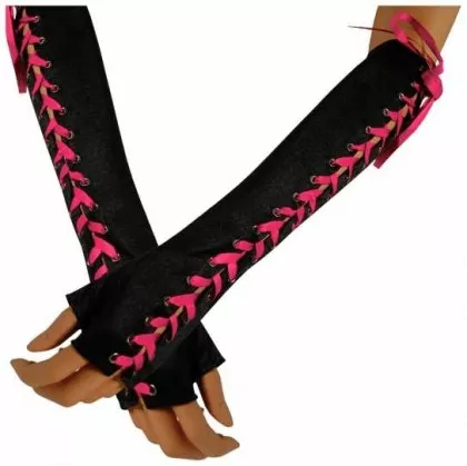 Schwarze Armstulpen mit pinker Satinband-Schnürung