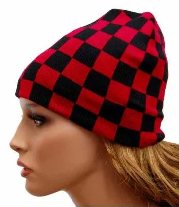 Beanie - Schwarz Rotes Schachbrettmuster