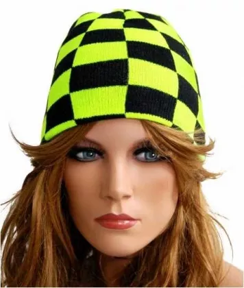 Beanie - Schwarz & Neon Gelbes Schachmuster