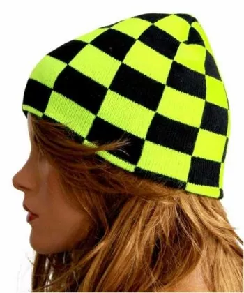 Beanie - Schwarz & Neon Gelbes Schachmuster