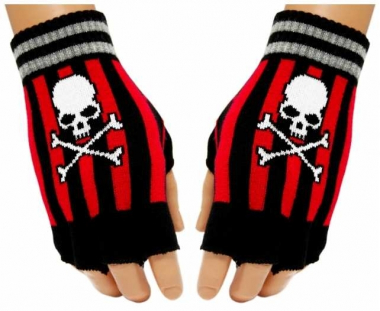 Fingerless Gloves Red Stripes Skull