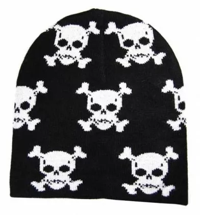 Rockabilly Winter Set | bestehend aus Beanie - Handschuhe und Schal - weiße Totenköpfe auf schwarzem Untergrund