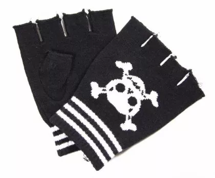 Rockabilly Winter Set | bestehend aus Beanie - Handschuhe und Schal - weiße Totenköpfe auf schwarzem Untergrund