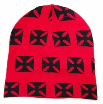 kleine eiserne Kreuze auf rotem Untergrund | Set bestehend aus Schal, Beanie und Handschuhe