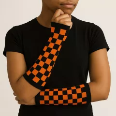 Arm sleeves with black and orange chess pattern