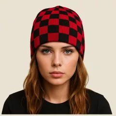 Beanie - Schwarz Rotes Schachbrettmuster