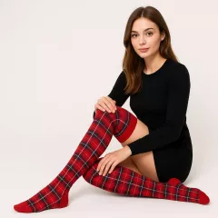 Over Knee Thigh Socks Tartan Pattern
