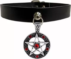Pentagram Leather Collar - red stones
