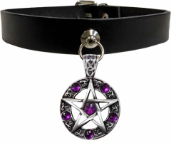 Pentagram Leather Collar Choker - purple stones