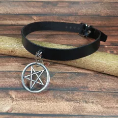 Leather Collar Choker Inverted Pentagram
