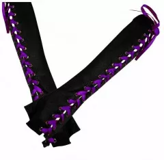 Schwarze Armstulpen mit lilaner Satinband-Schnürung